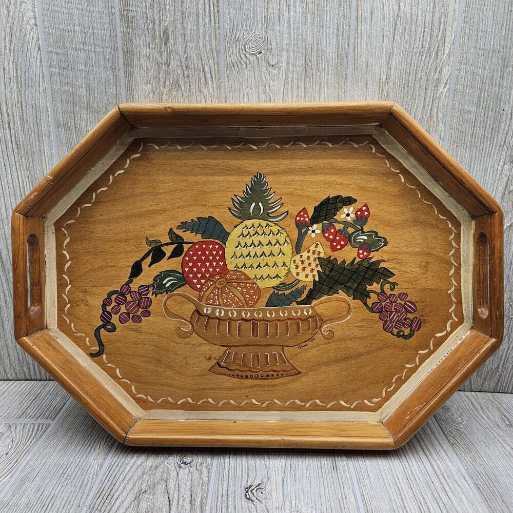 Vintage Hand Painted Wood Serving Tray‎ With Wall Hanging Hook Rose 1984